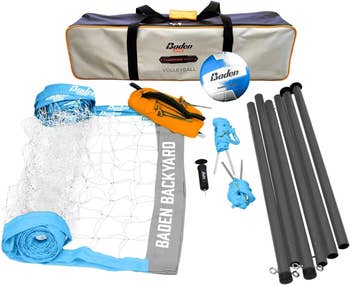 the full set, including the net, ball, pump, steel poles, boundary lines, and carrying bag