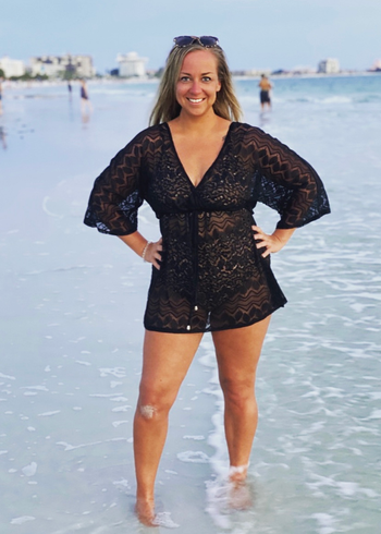 Reviewer wearing black coverup
