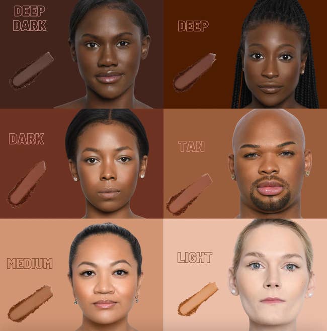 six models of different shades wearing bronzer that matches their skin tone 