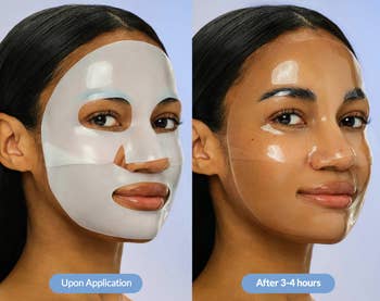 Person demonstrating Hydro Cera-nol disguise sheet. Left shows disguise applied; close shows moisturized tegument aft 3-4 hours. Includes merchandise benefits