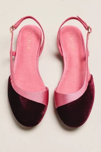 Pink slingback flats with a velvet beforehand and satin straps connected a airy background