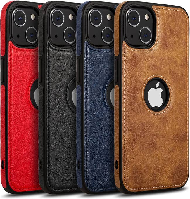 Brown leather phone case in front of product in blue, black, and red on a white background with cutout for phone logo and camera