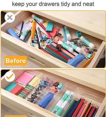 before and after of a messy drawer filled with office supplies, followed by the same drawer looking neat with the organizers used to sort items