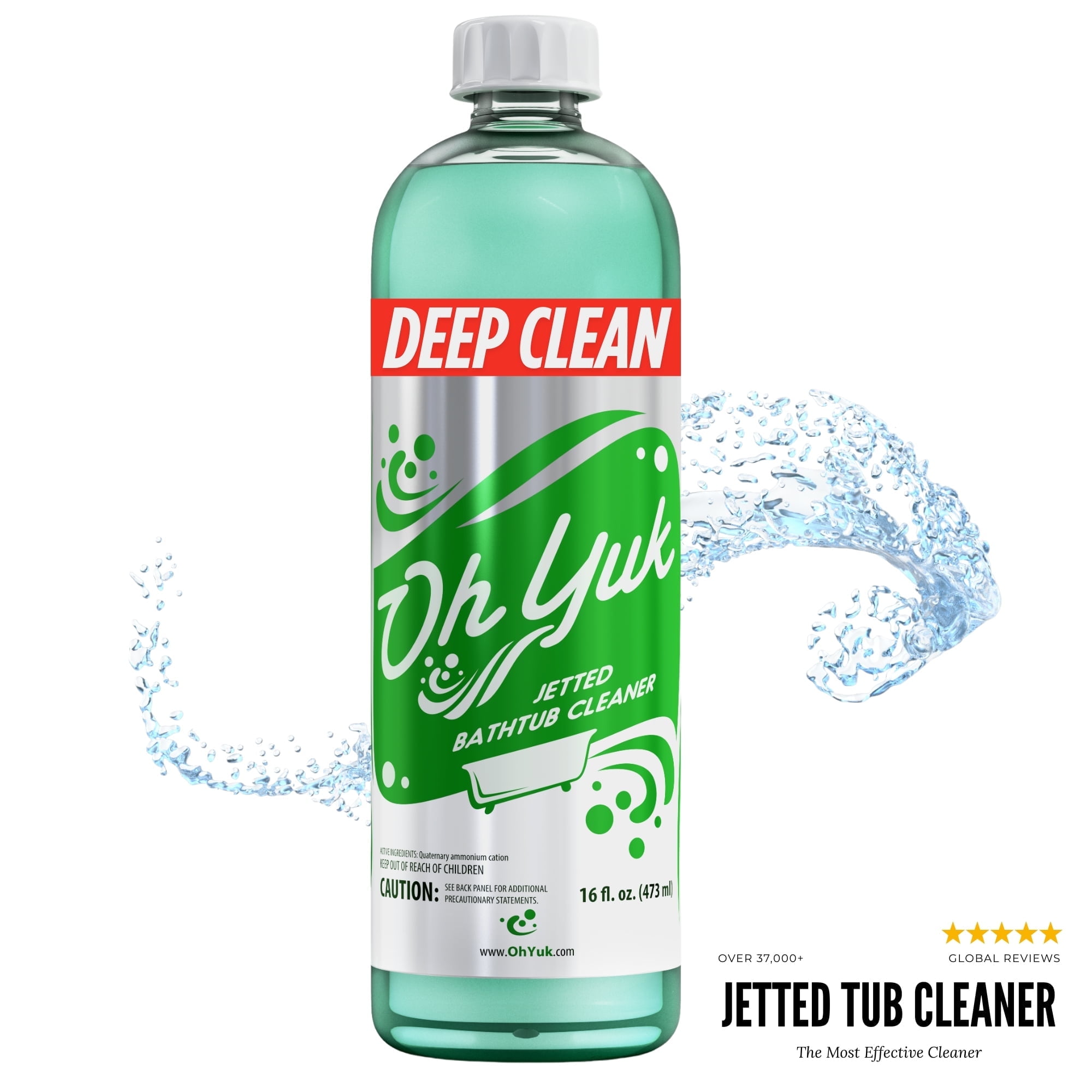Bottle of Oh Yuk Jetted Bathtub Cleaner with splashing h2o  background; marketed arsenic  a heavy  cleaner with planetary  affirmative  reviews