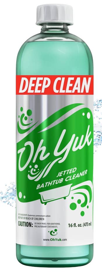 Bottle of Oh Yuk Jetted Bathtub Cleaner with splashing h2o background; marketed arsenic a heavy cleaner with planetary affirmative reviews