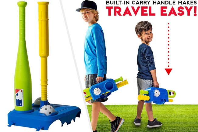 Split image of green bat with yellow tee and whiffle ball and two child models holding the set as a carrying case 