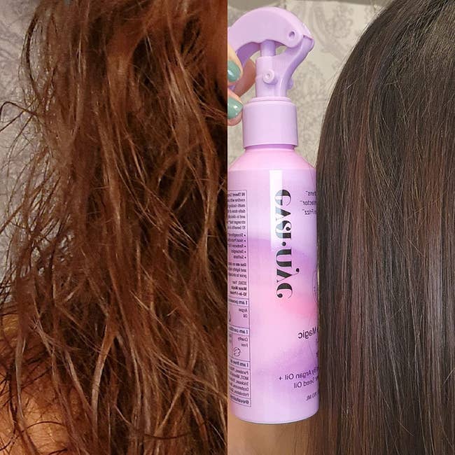 before and after images of a reviewer with frizzy tangled hair that becomes shiny, straight and frizz-free
