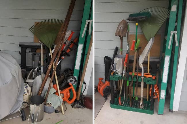 a pile of outdoor tools that have been organized into the cart