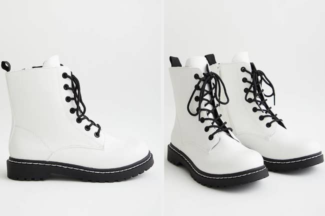 Two images of the white combat boots