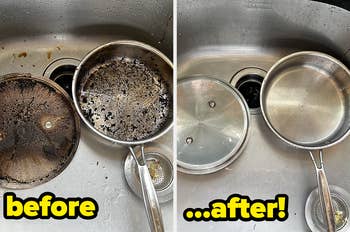 Reviewer's before photo of burned, stained pan and after photo sparkling clean