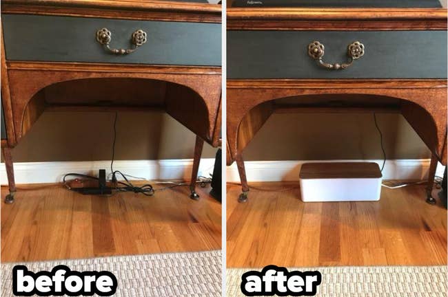 reviewer before and after of a tidy cable management solution under a desk
