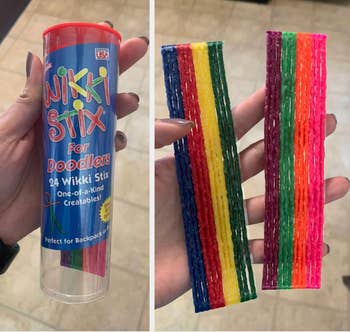 Hand holding a Wikki Stix bundle  and strips. The bundle  reads, 
