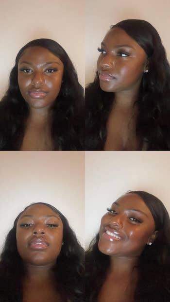 A person with long, wavy hair showcasing glossy makeup in a series of four poses, displaying different angles and expressions