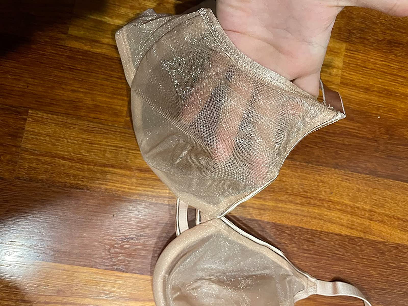reviewer pic of the bra, showing how it&rsquo;s sheer and has a little shimmer to it