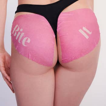 a model with the two sheet masks on their butt, one which says 