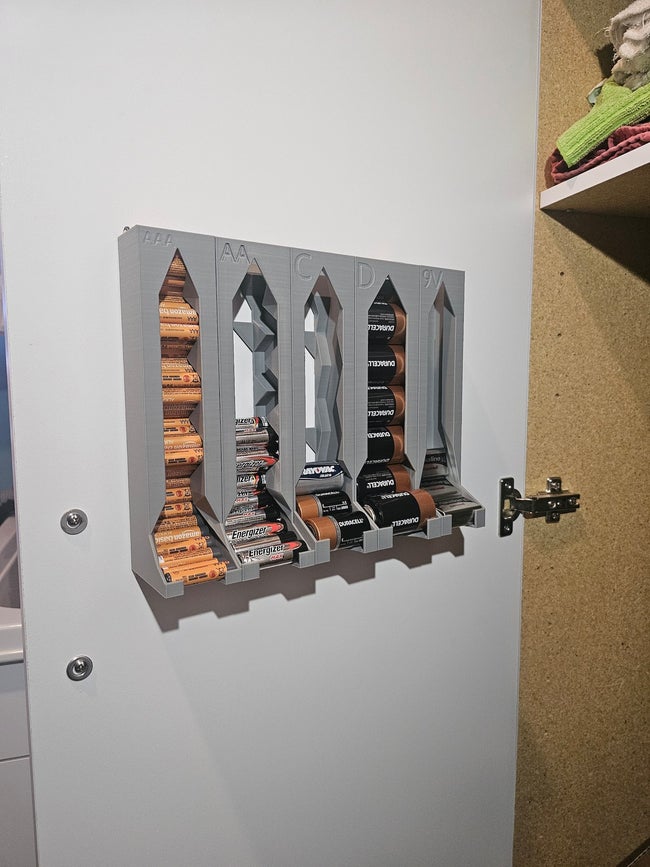 Wall-mounted battery organizer with various battery sizes