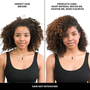 models messy, sweaty hair before using product then after with juicy curls
