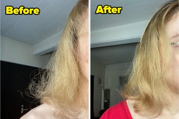 before and after of a reviewers frizzy hair and then their less frizzy hair, from using the serum