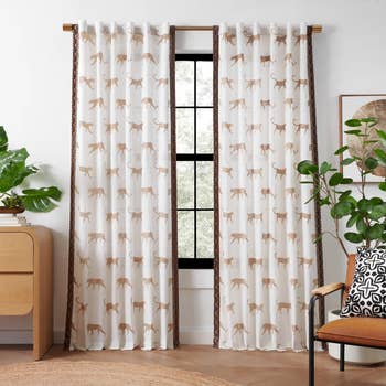 Sheer curtains with a repeated leopard signifier bent successful a modern country with plants, a woody chest, and a patterned cushion connected a chair