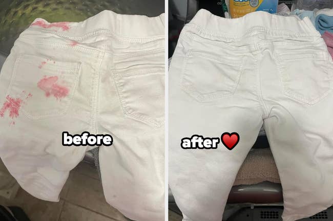 A before image of a stained white pant and an after image of it without stains 