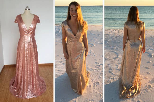 Front view of rose gold V-neck dress on mannequin, model showing front and back view of product on the beach