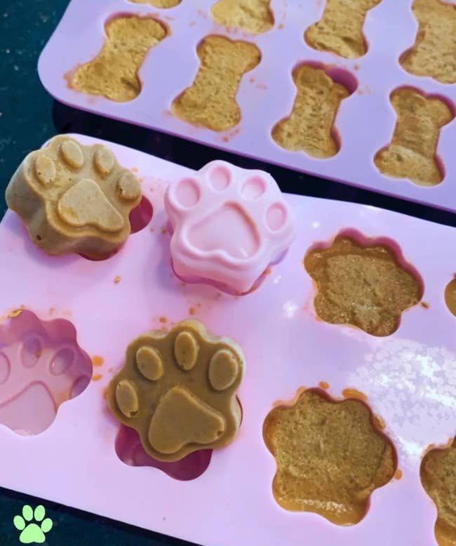 reviewer image of the paw print and dog bone shaped molds filled with treats