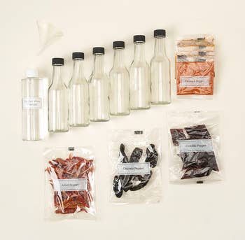 The components of the kit consisting of empty bottles and chiles and spices