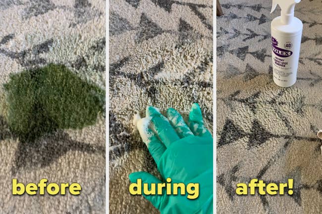 reviewer's three progression photos showing a large green stain on a beige carpet, during while scrubbing with Folex, and after with no sign of green stain