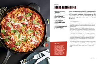 A look at a page in the book with a recipe for baked bucatini  pie