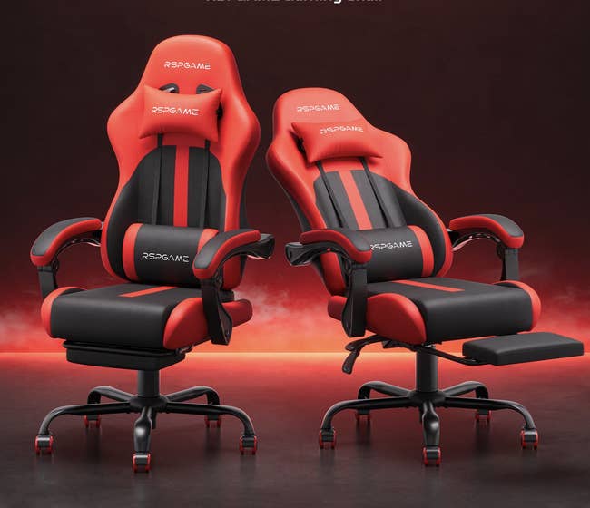 Two ergonomic gaming chairs with headrests, armrests, and footrests, labeled