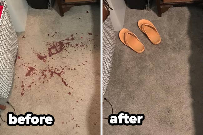 before/after of a wine stained carpet that's been cleaned and is stain free