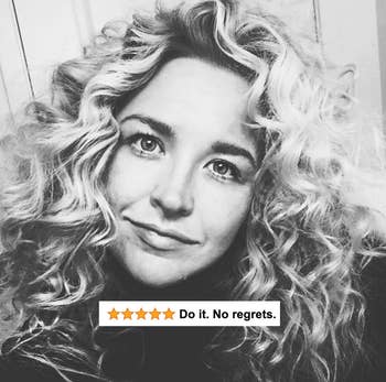 A reviewer with curles hair and five star review text 