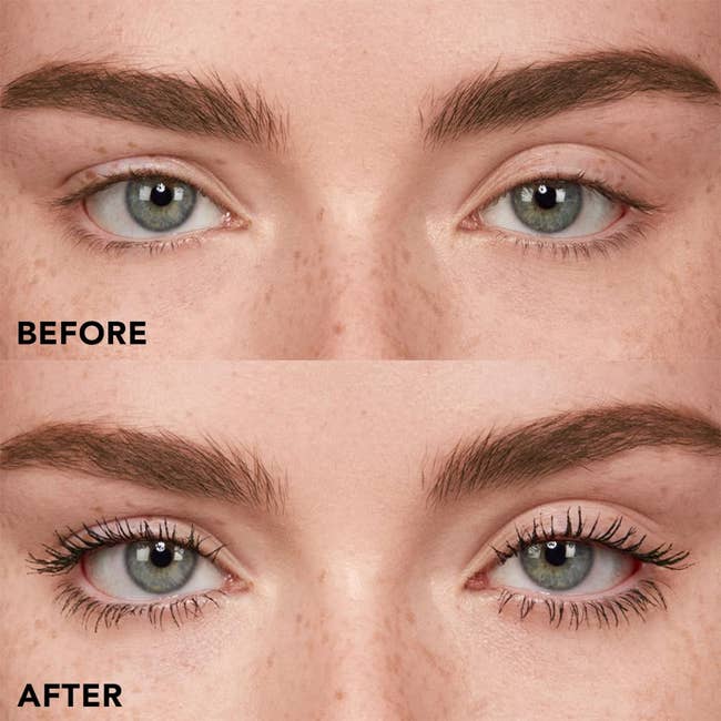 before and after images of a model with and without the mascara on their lashes