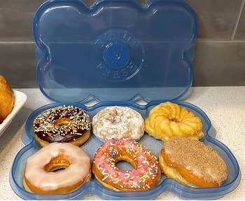 A round container with a lid and space for six round donuts 