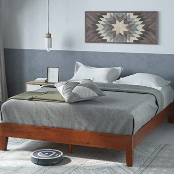 cherry wood bed frame with bedding