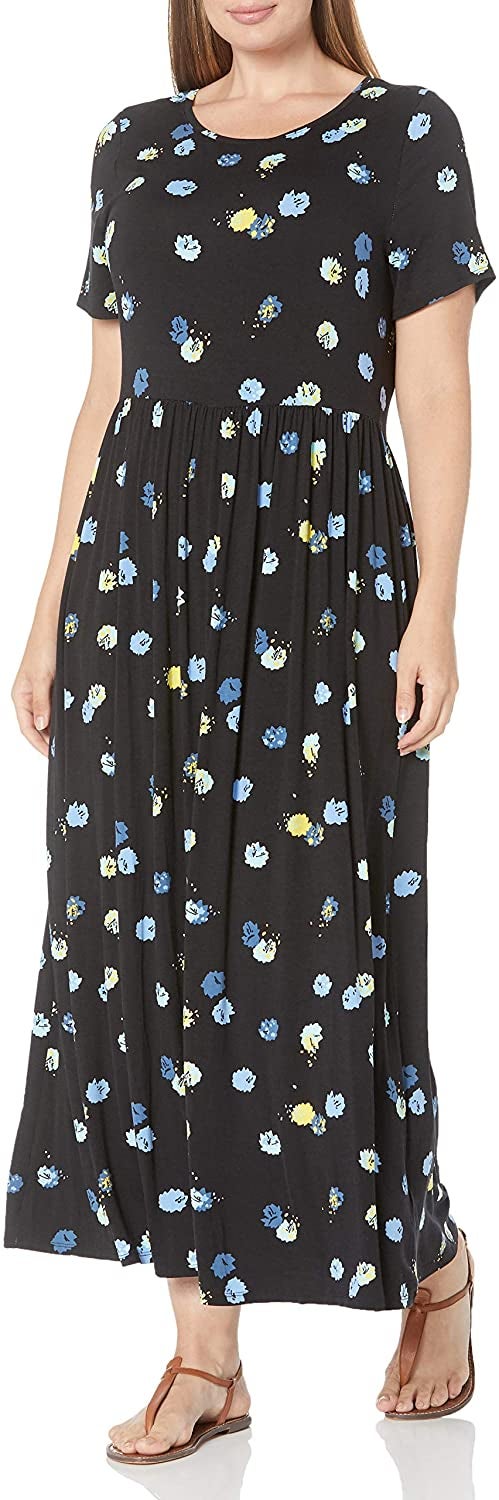 model in the black with yellow and blue flowers version