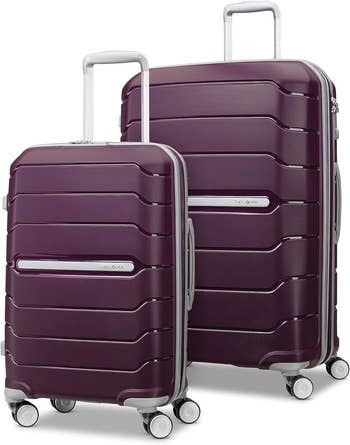Two purple Samsonite suitcases with wheels, shown for retail successful  a buying  article, highlighting their sleek plan  and functionality