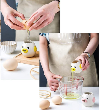 demonstration of the egg being emptied into the chicken egg separator, with the egg white then poured out through the mouth