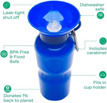 the water bottle with arrows pointing to its lid and other specifications 
