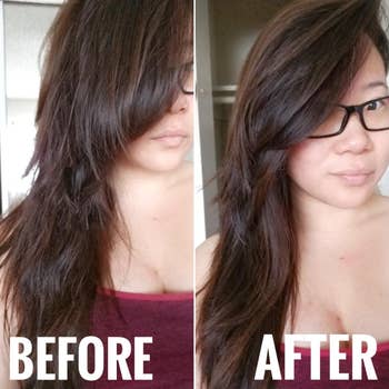 A reviewer before photo of hair looking dull and dry, then after looking smooth and shiny