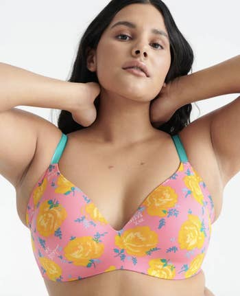 model wearing a floral patterned wireless contour bra