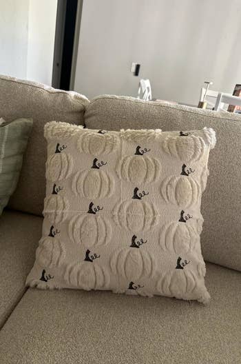 Decorative cushion with feline  patterns connected  a couch, adding a cozy and playful interaction   to location  decor