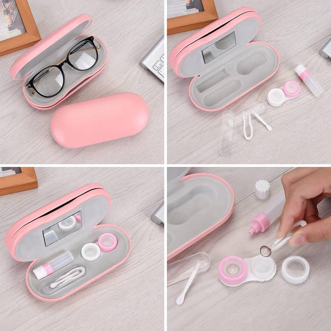 A small pink eye glasses case with two compartments holding glasses and contact accessories 