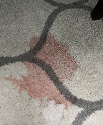 a red juice stain on a reviewer's cream carpet