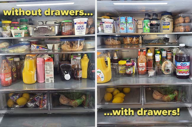 left: reviewer before photo of cluttered fridge / right: after photo showing it neatly organized using fridge drawers