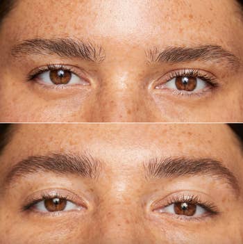 model showing before and after using the brow tint with darker fuller eyebrows after