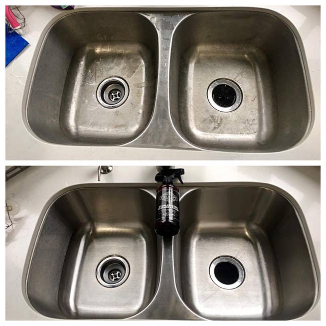 Top: reviewer's stainless steel double sink covered in stains / bottom: after using spray, stains are gone