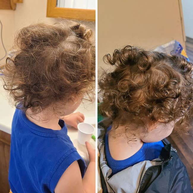 before of a reviewer's child with frizzy and flat curls next to an after of the same child whose curls are defined and soft-looking after using the conditioner