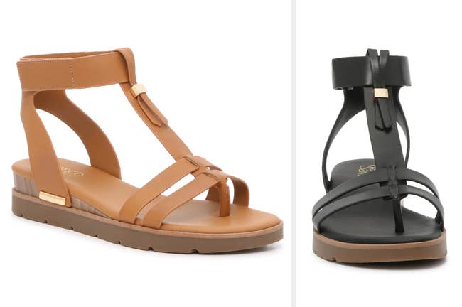 Brown ankle strapped side-view of gladiator sandal, front-view of product in black on a white background