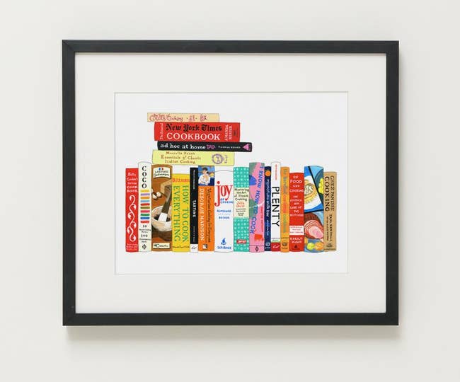 illustrated print of famous cookbooks lined up and stacked up